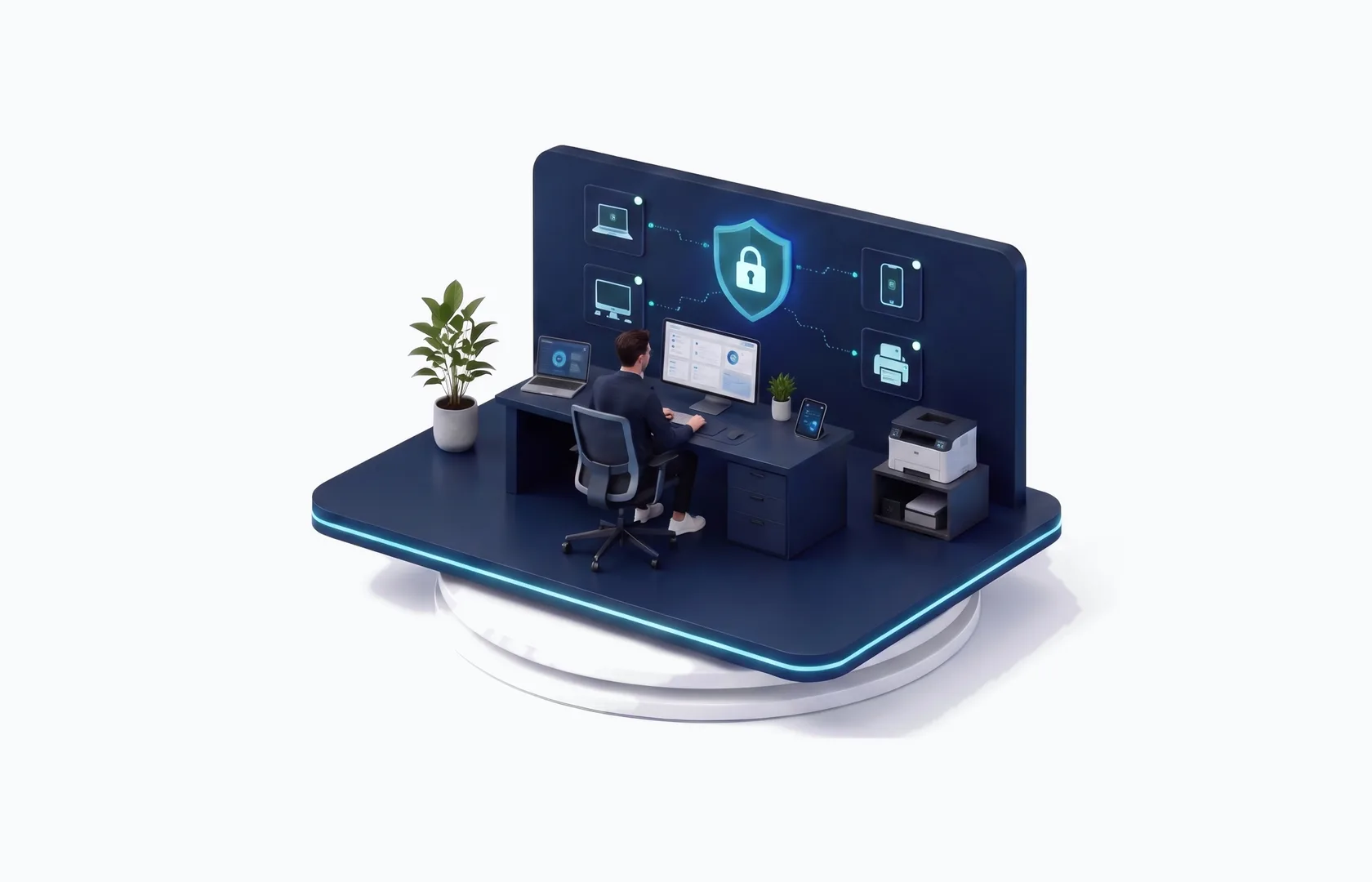 Miniatur eines Büroarbeitsplatzes; an der Wand sind Laptop, Bildschirm, Telefon und Drucker mit einem Schutzschild verbunden.